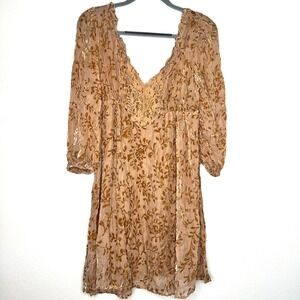 Sacks Silk Velvet Burnout Sheer Burnout V Neck Mini Dress Tan Gold Floral